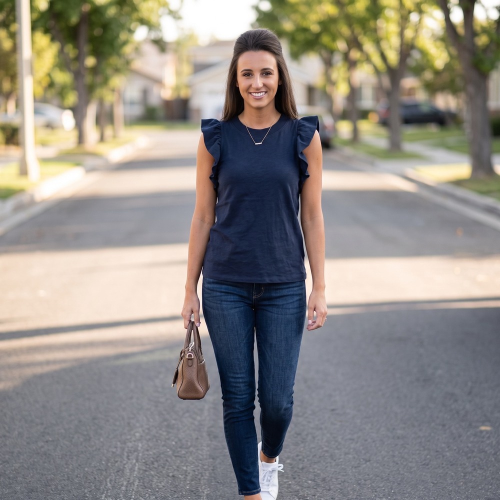 Nation LTD Navy Blue Ruffle Sleeve Pima Cotton Crew Neck Top Small